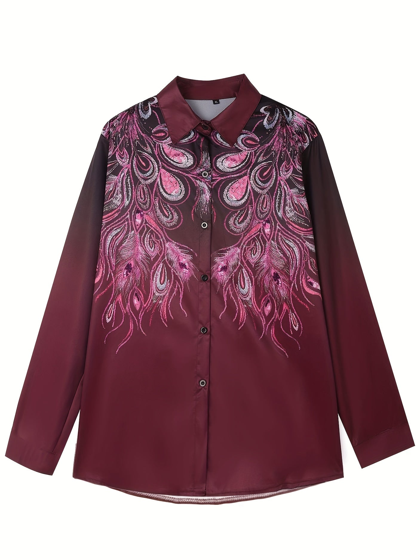 Peacock Print Ombre Button Up Long Sleeve Lapel Collar Shirt Top