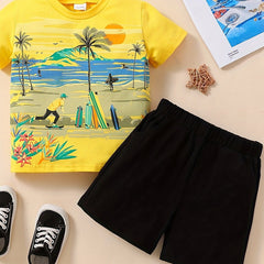 Boys Beach Print T Shirt And Shorts Set