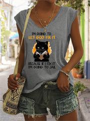 Cartoon Cat Tank Top Sleeveless V Neck Casual Top for Women