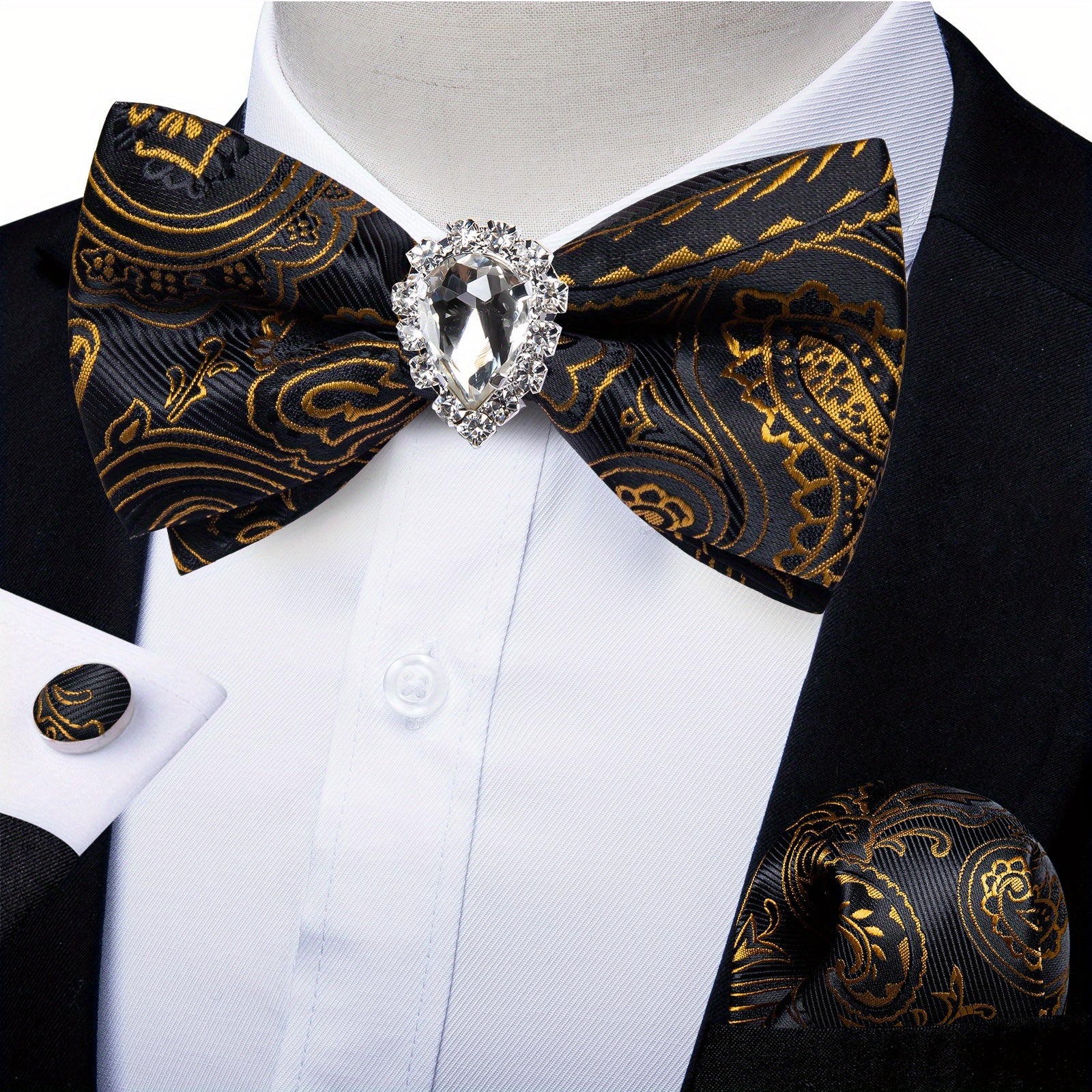 Men's Paisley Silk Bow Tie Set with Cufflinks - Wedding Party
