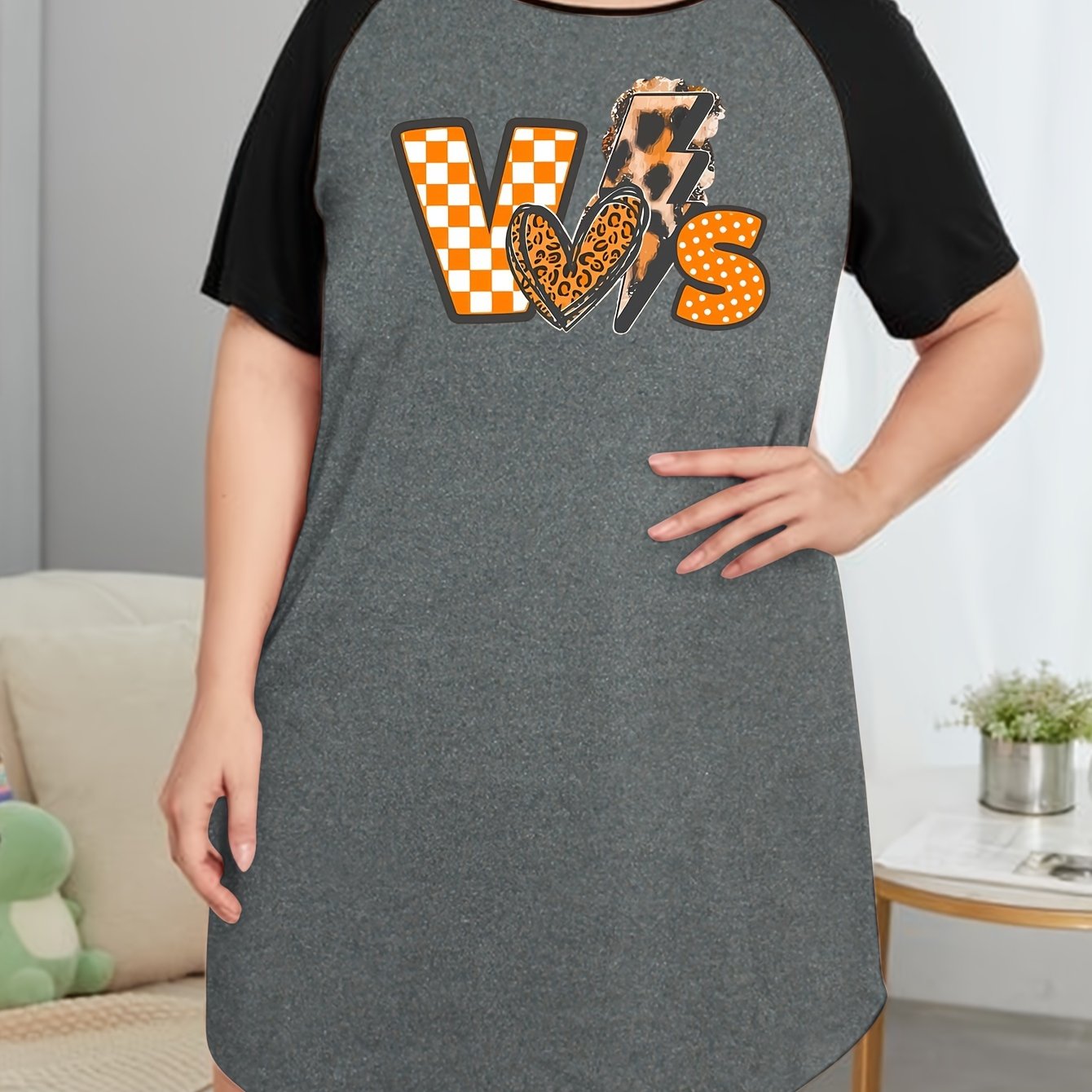 Checkered & Leopard Print Round Neck Tee Sleep Dress