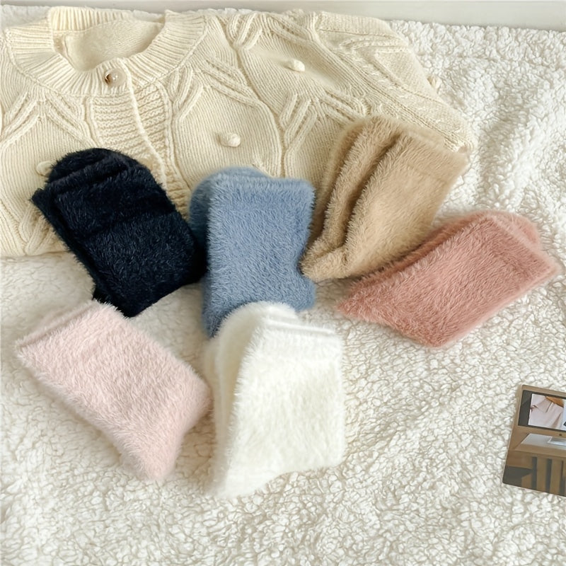 6 Pairs Cozy Fuzzy Warm Women's Socks Solid Soft Stockings Hosiery