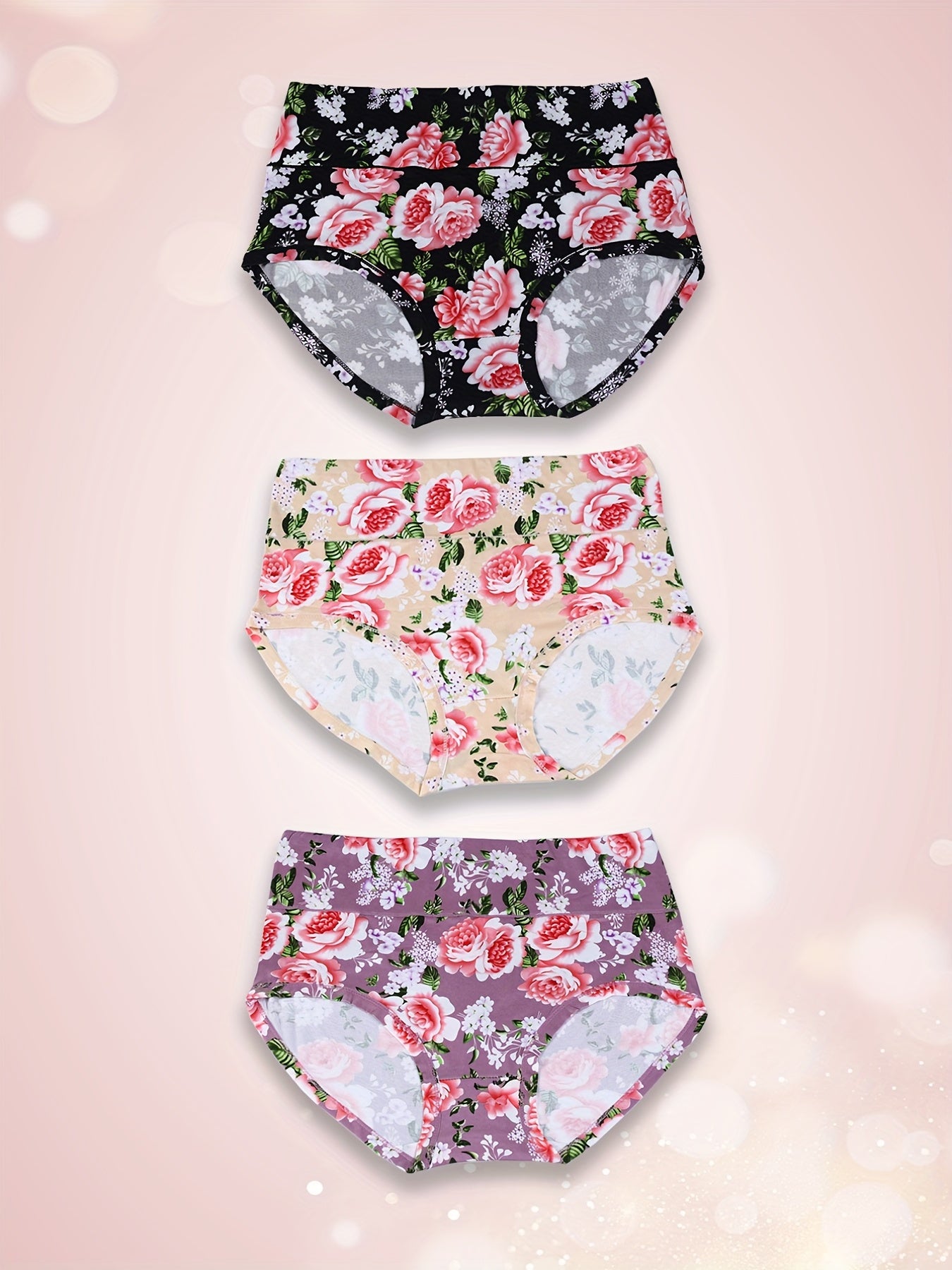 3pcs Floral Print Briefs Stretchy Intimates Panties Women's Lingerie
