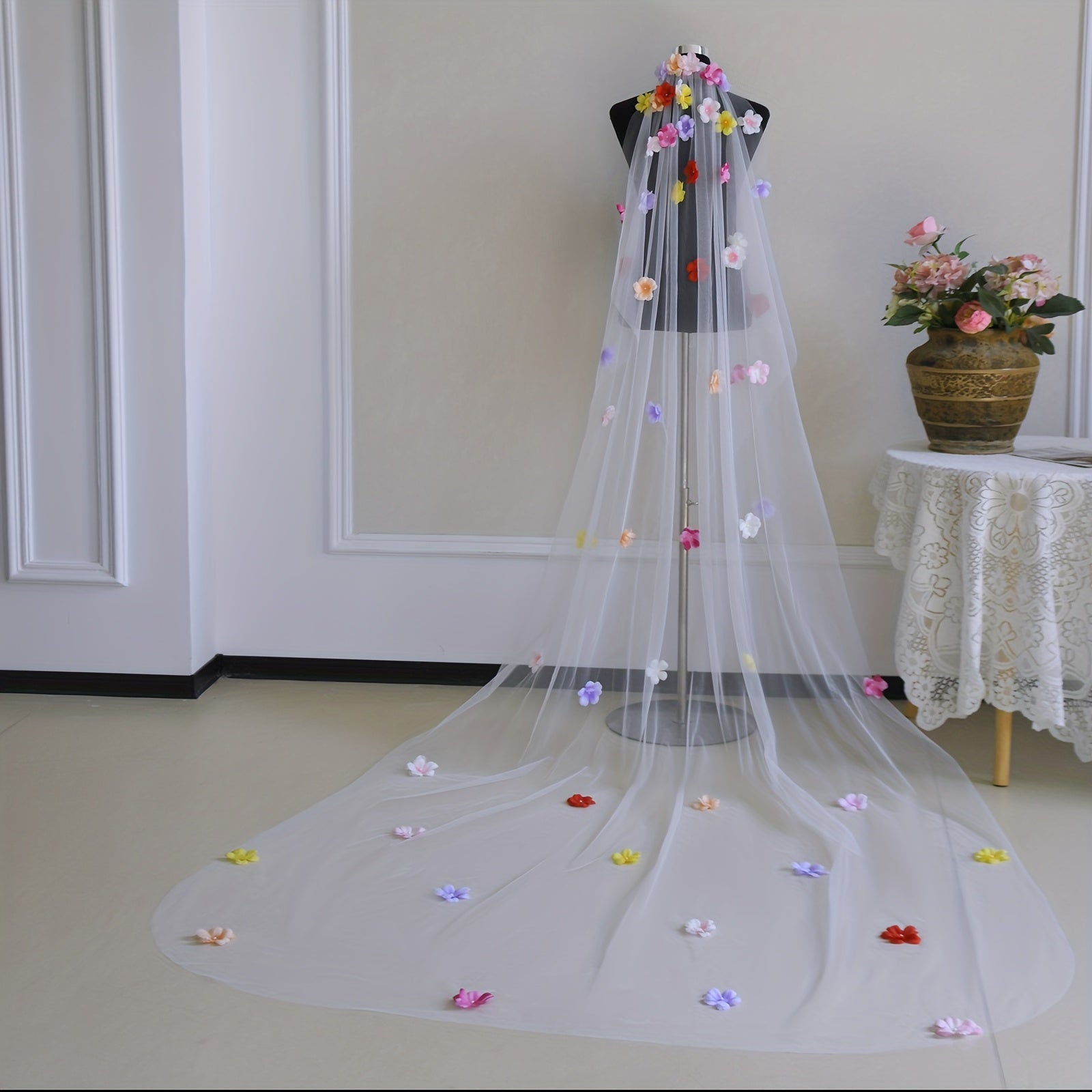 Colorful Flower Bridal Wedding Veil with Hair Comb