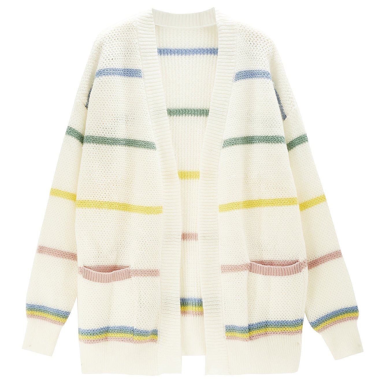 Colorful Stripe Open Front Cardigan Casual Dual Pockets Long Sleeve Cardigan