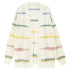 Colorful Stripe Open Front Cardigan Casual Dual Pockets Long Sleeve Cardigan