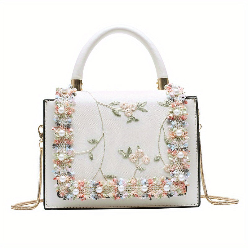 Floral Embroidery Handbags Faux Pearl Decor Crossbody Bag Sweet Purses