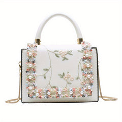 Floral Embroidery Handbags Faux Pearl Decor Crossbody Bag Sweet Purses