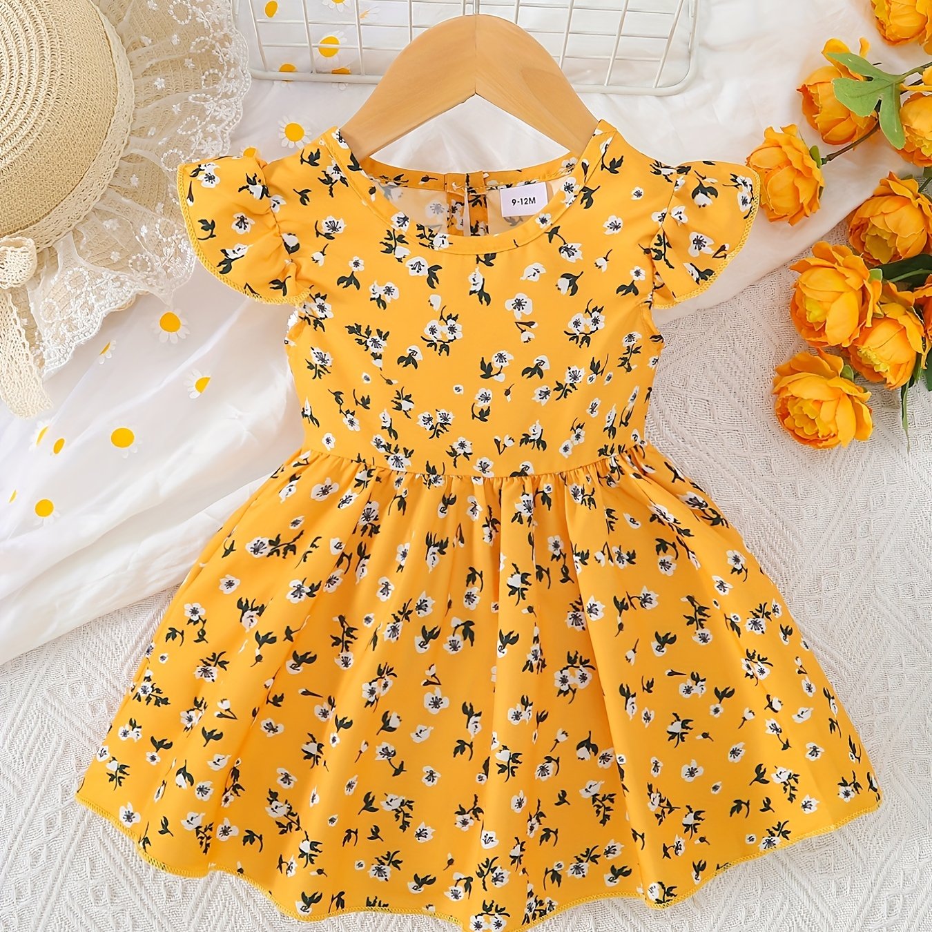 Toddler Baby Girls Dresses Summer Flutter Sleeve Floral Pleated Casual Dress