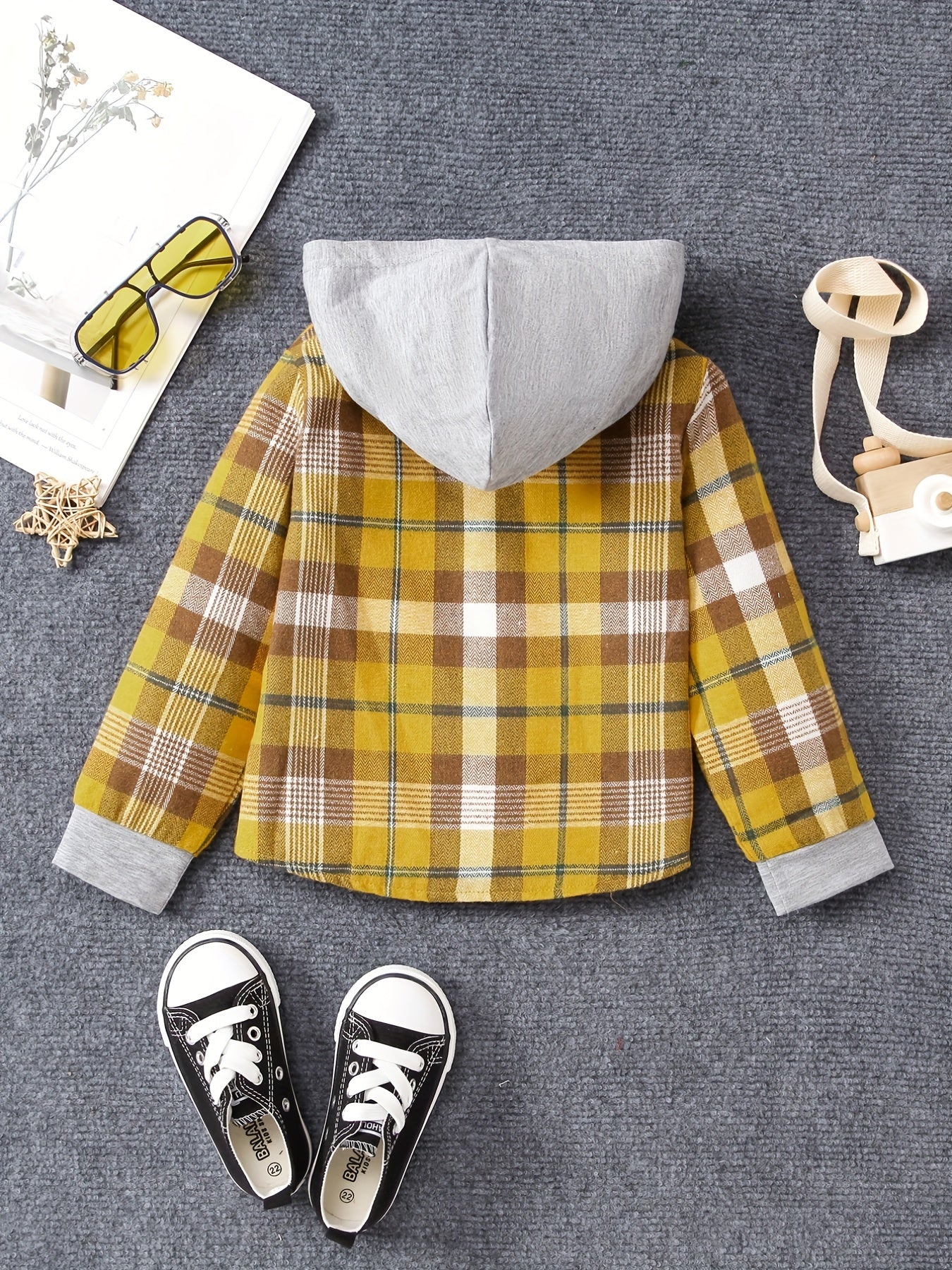Girls Plaid Hooded Button Down Jacket Shirt Kids Autumn Outfit