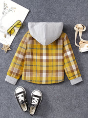 Girls Plaid Hooded Button Down Jacket Shirt Kids Autumn Outfit