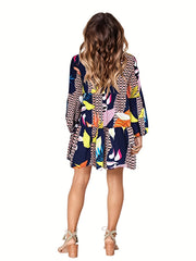 Colorblock Gingham & Tropical Print V Neck Mini Dress