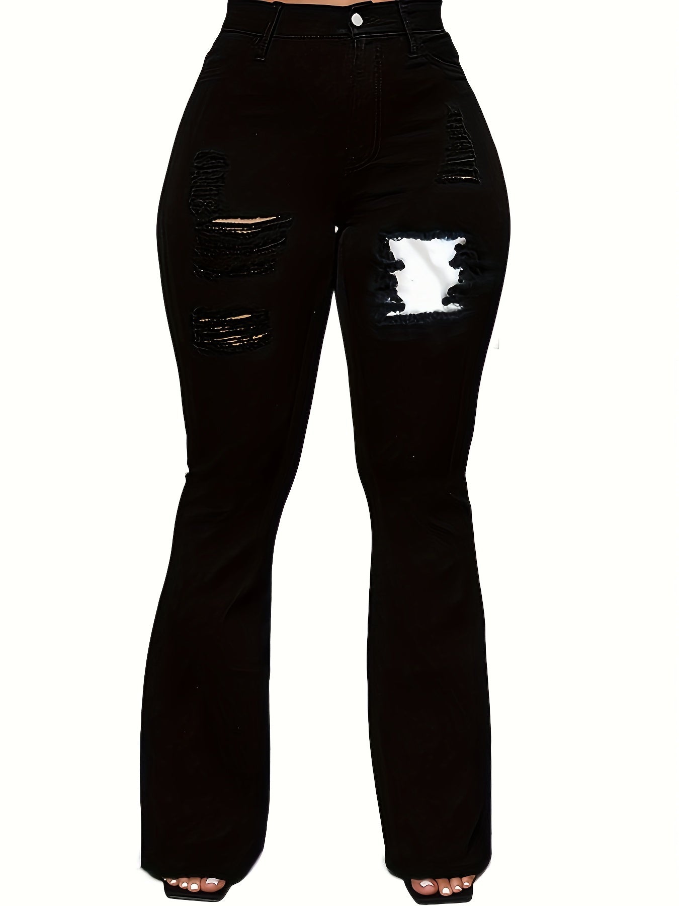 Ripped Holes Flared Jeans Bell Bottom Slim Fit Stretch Distressed Denim Pants