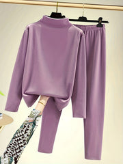 Solid Long Sleeve High Neck Top & Pants 2 Piece Set