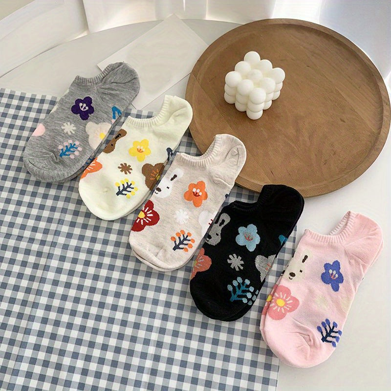 5 Pairs Floral Print Boat Socks Women's Stockings