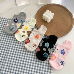 5 Pairs Floral Print Boat Socks Women's Stockings