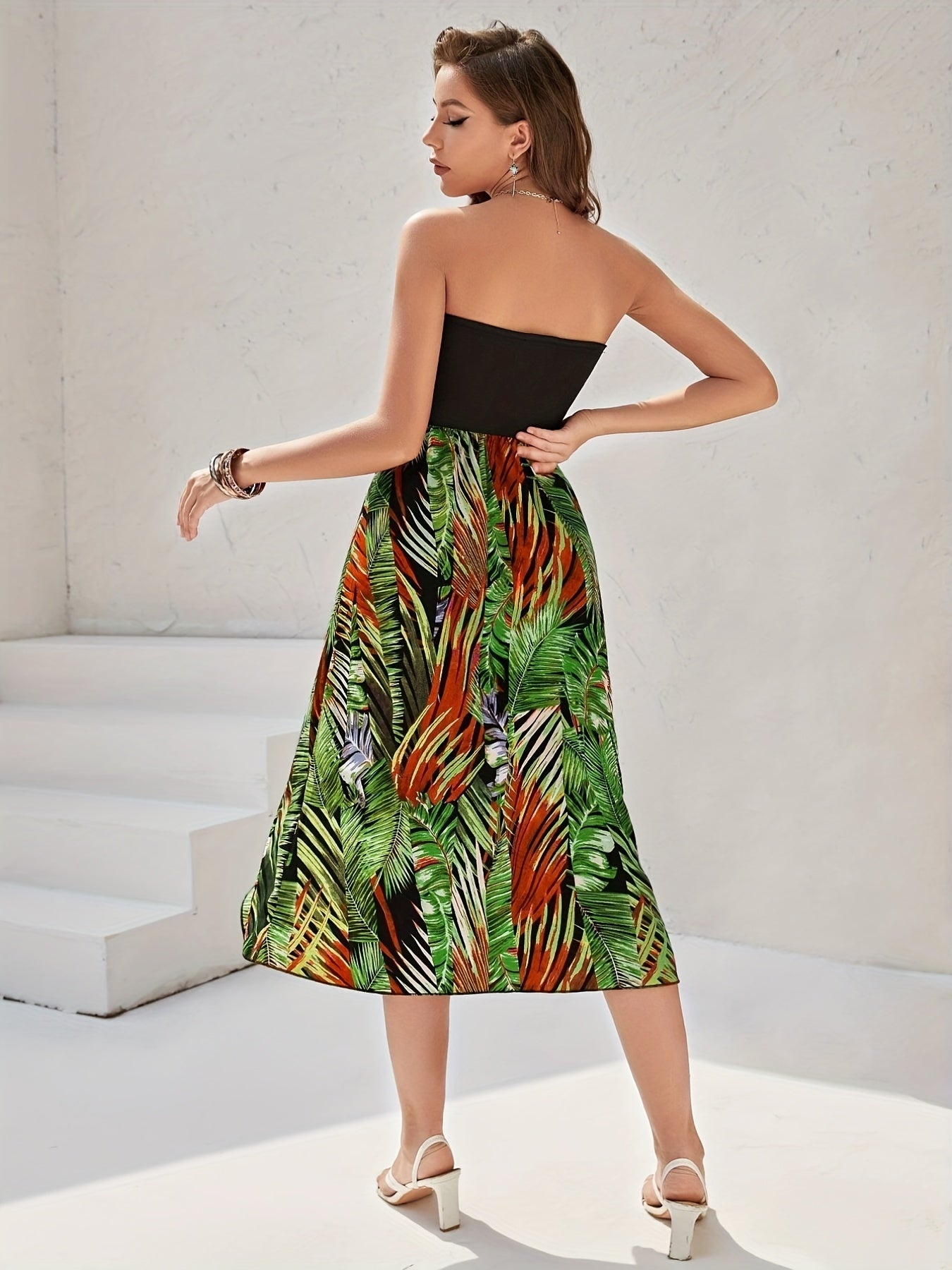 Tropical Print Tube Dress Off Shoulder Split Dress