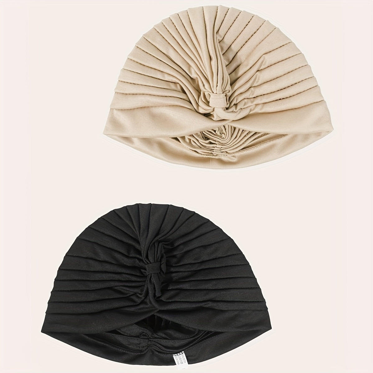 2pcs Beige Turban Cap BowKnot Pleated Head Wraps Elastic Ramadan Head Scarf