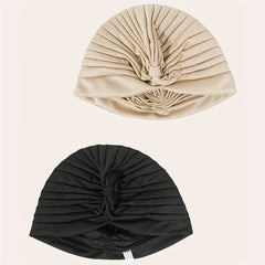 2pcs Beige Turban Cap BowKnot Pleated Head Wraps Elastic Ramadan Head Scarf