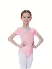 Girls V Neck Short Sleeve Ballet Leotard for Dance Gymnastics