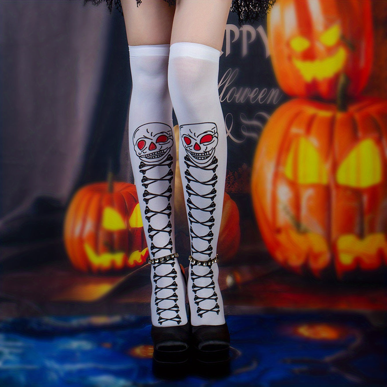 Skull Print Over The Knee Socks Y2K
