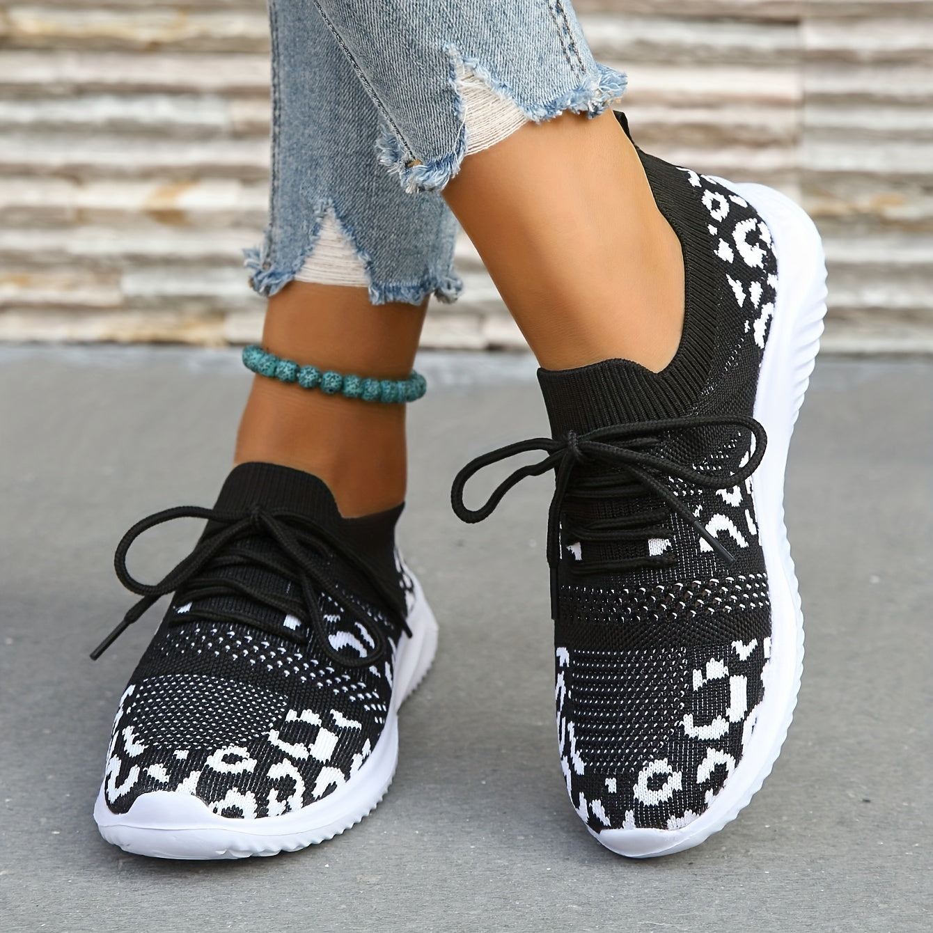 Women's Leopard Print Knit Sports Shoes Breathable Running Sneakers