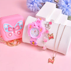 Girls' Quartz Watch Set with Butterfly Pattern, Coin Purse, Necklace
