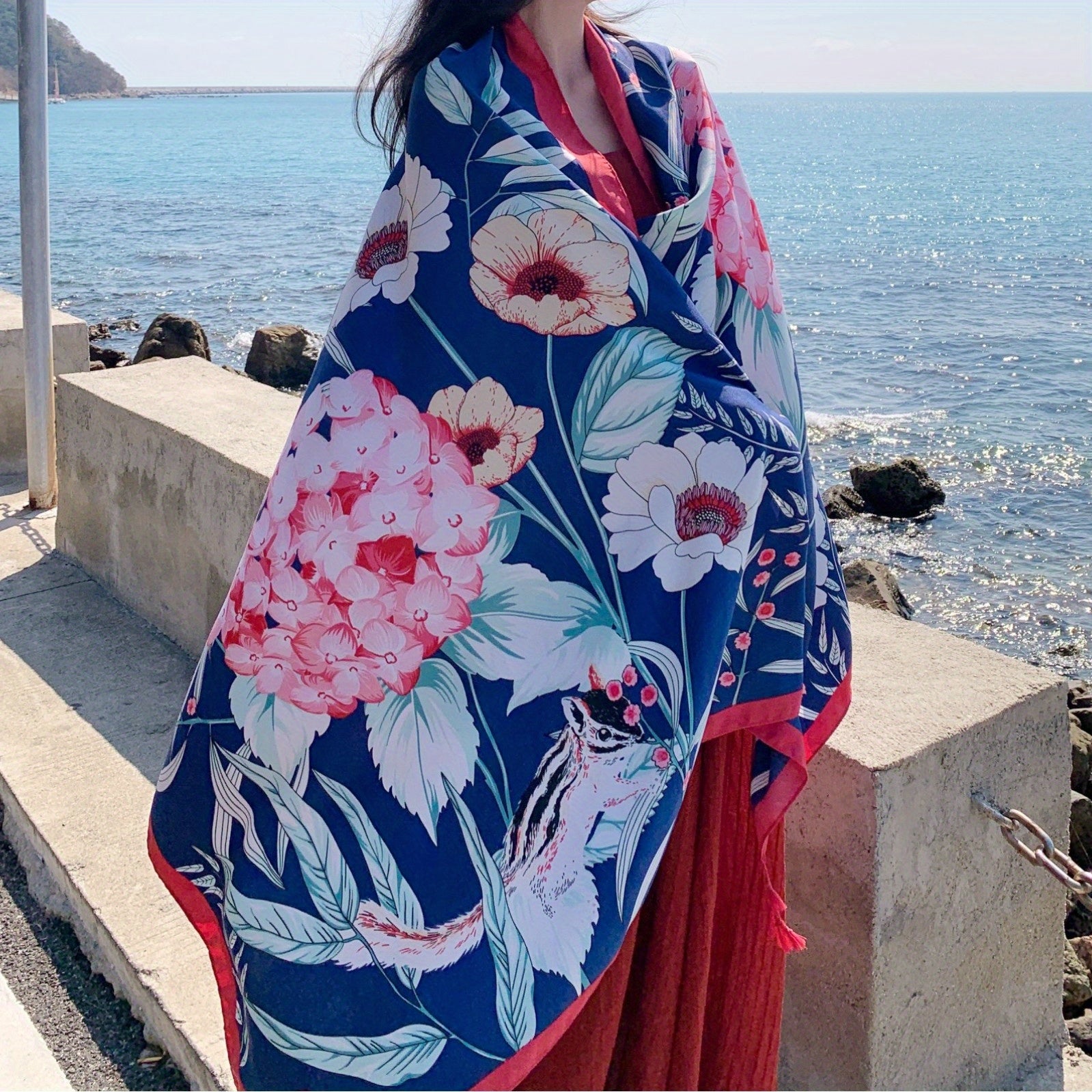 Boho Flower Print Oversized Tassel Scarf Sunscreen Head Wrap