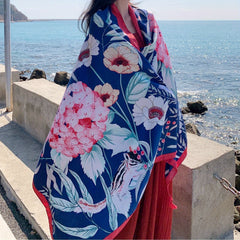 Boho Flower Print Oversized Tassel Scarf Sunscreen Head Wrap