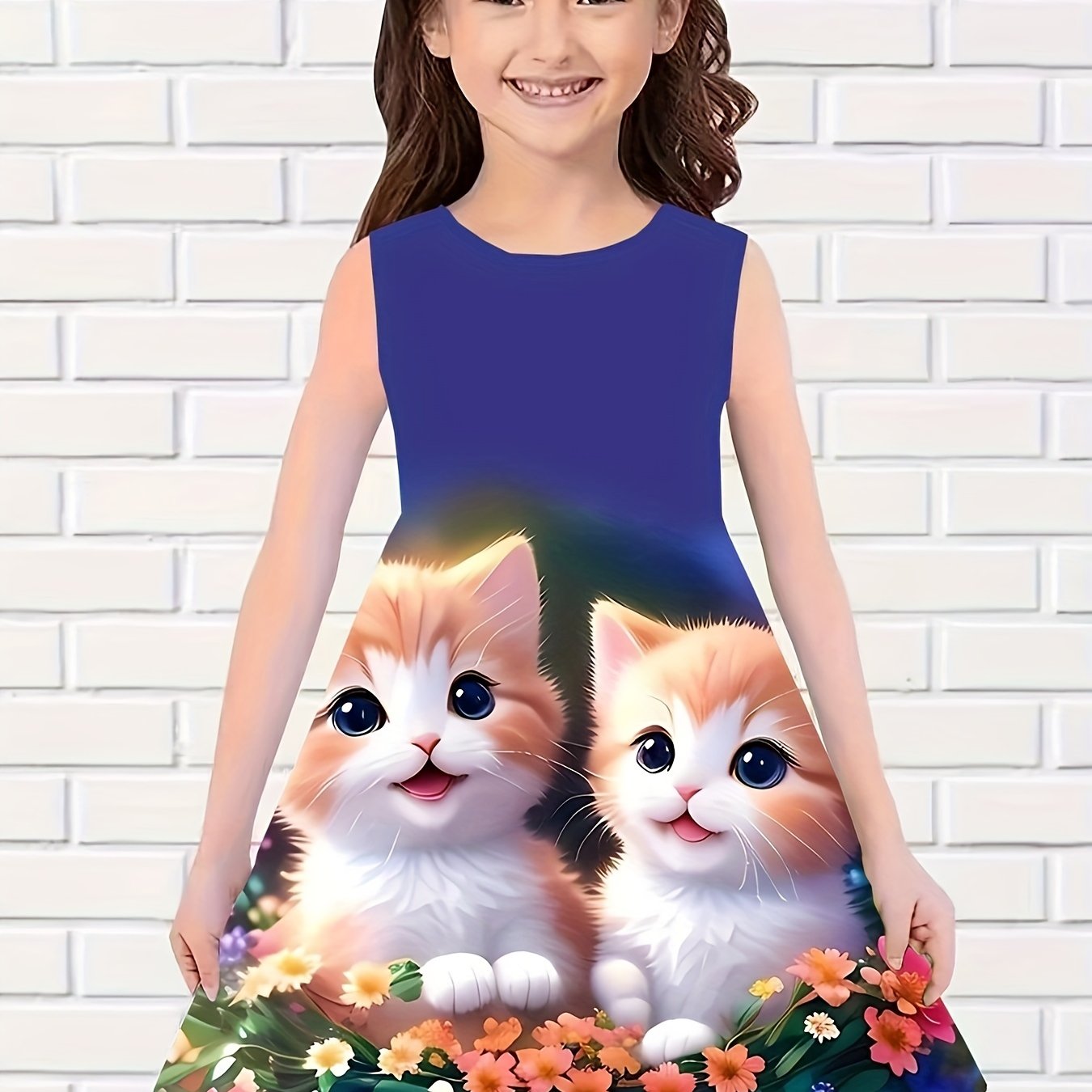Girls Flower & Cat Sleeveless Dress for Summer Party