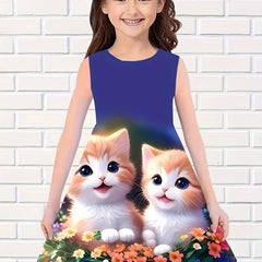 Girls Flower & Cat Sleeveless Dress for Summer Party