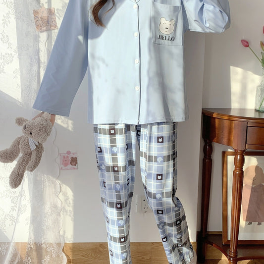 Women's Plaid Loungewear Set Long Sleeve Top & Pants