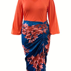 Colorblock Floral Print Long Sleeve V Neck Ruched Dress