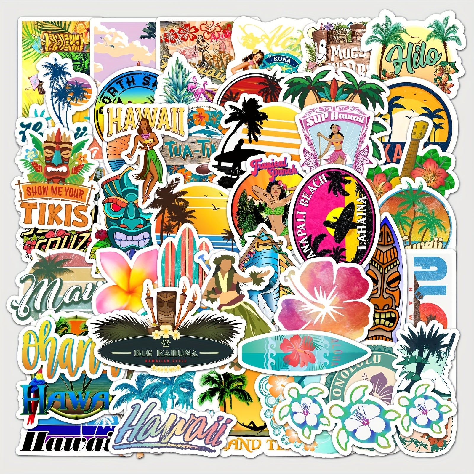 50pcs Hawaii Pattern Waterproof Stickers for Water Bottles Laptop Luggage