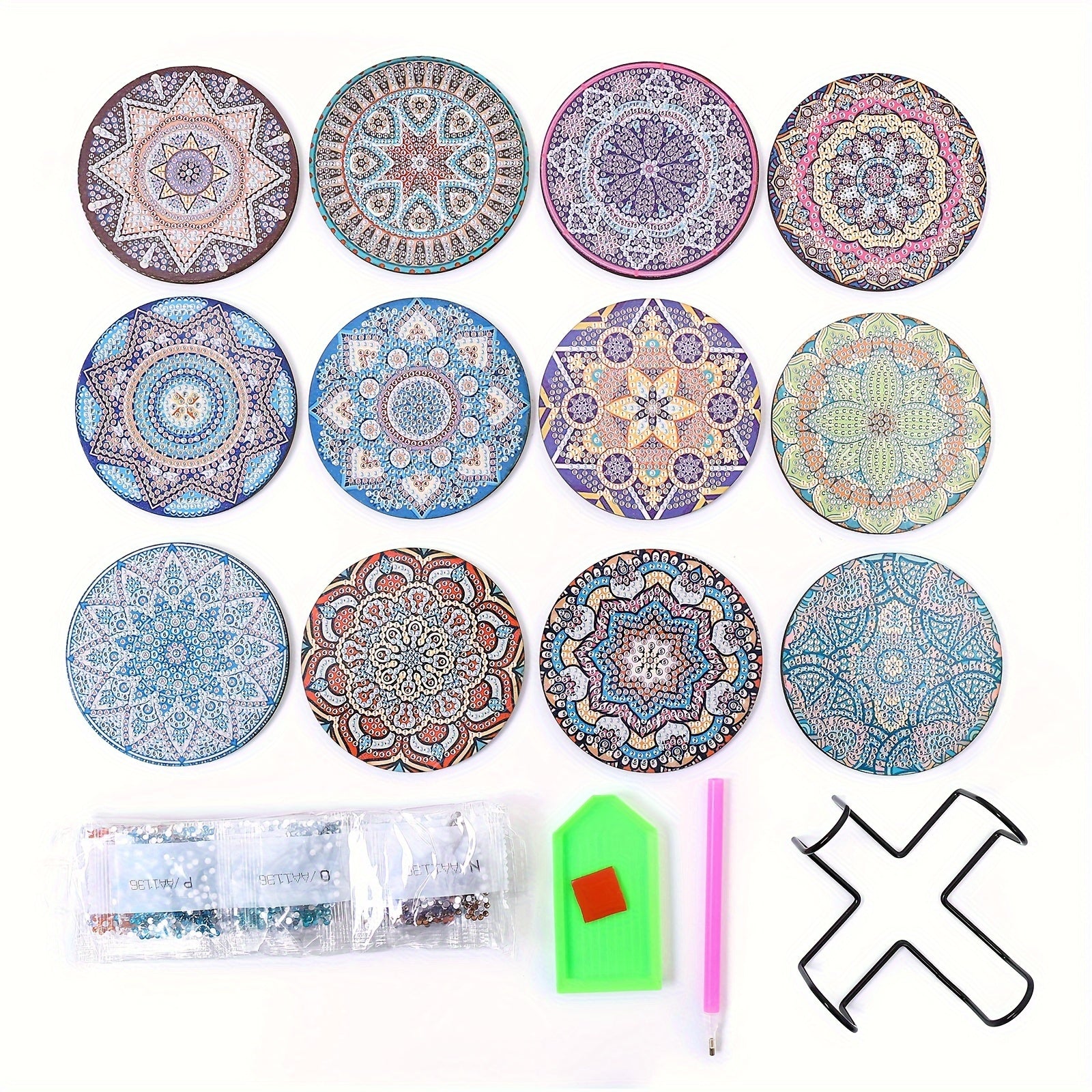 12pcs Round Manda Flower Pattern Coaster DIY Diamond Painted Wooden Coaster
