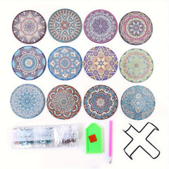 12pcs Round Manda Flower Pattern Coaster DIY Diamond Painted Wooden Coaster