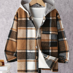 Boy's Plaid Button Down Long Sleeve Hooded Shirt Jacket Coat