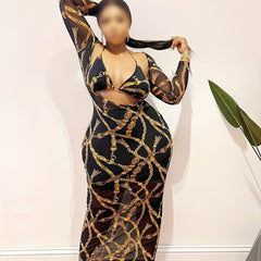 Chain Print Halter Bra & Long Sleeve Semi Sheer Cover Up Set