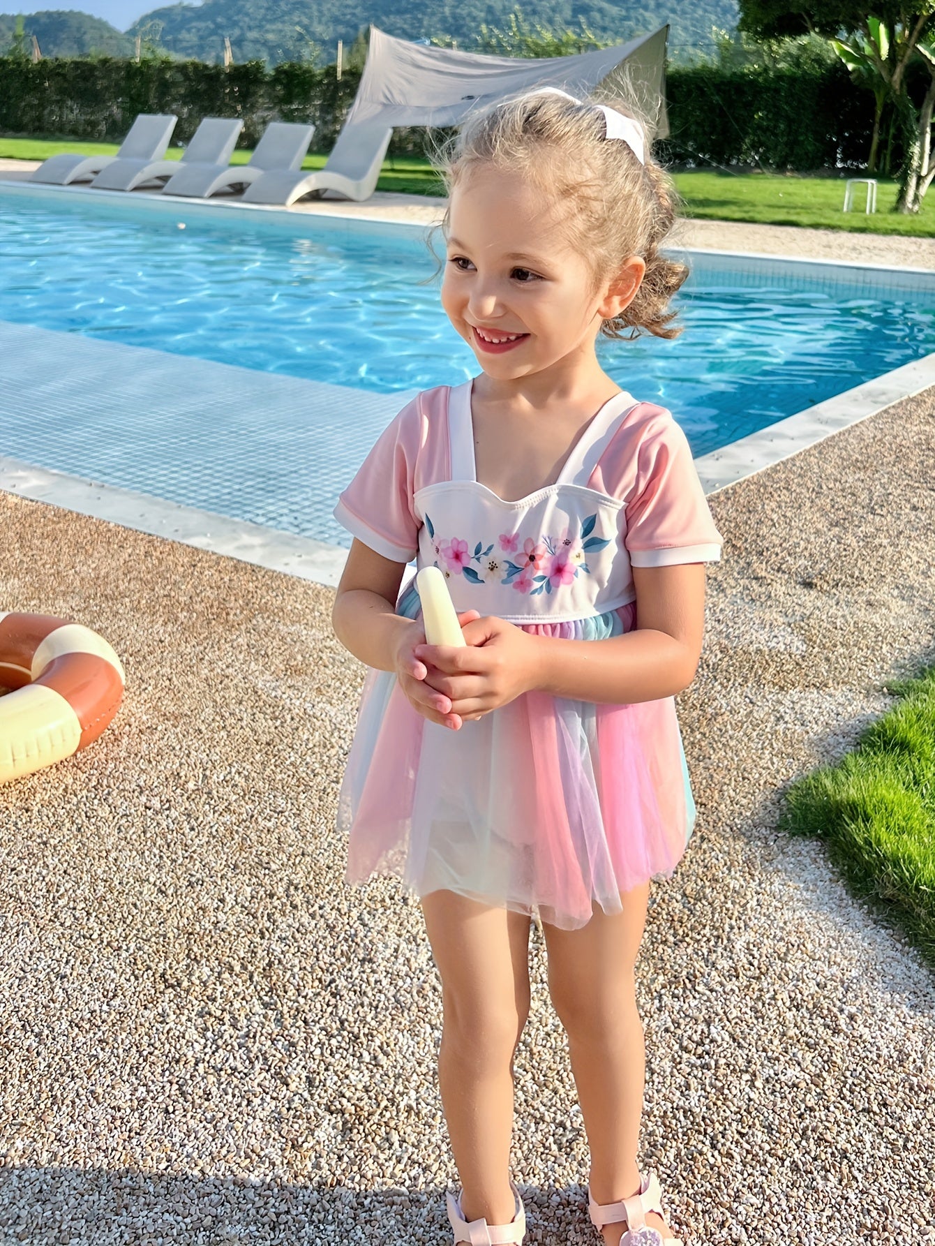 Hanfu Style Flower Graphic 1-Piece Bathing Suit for Girls