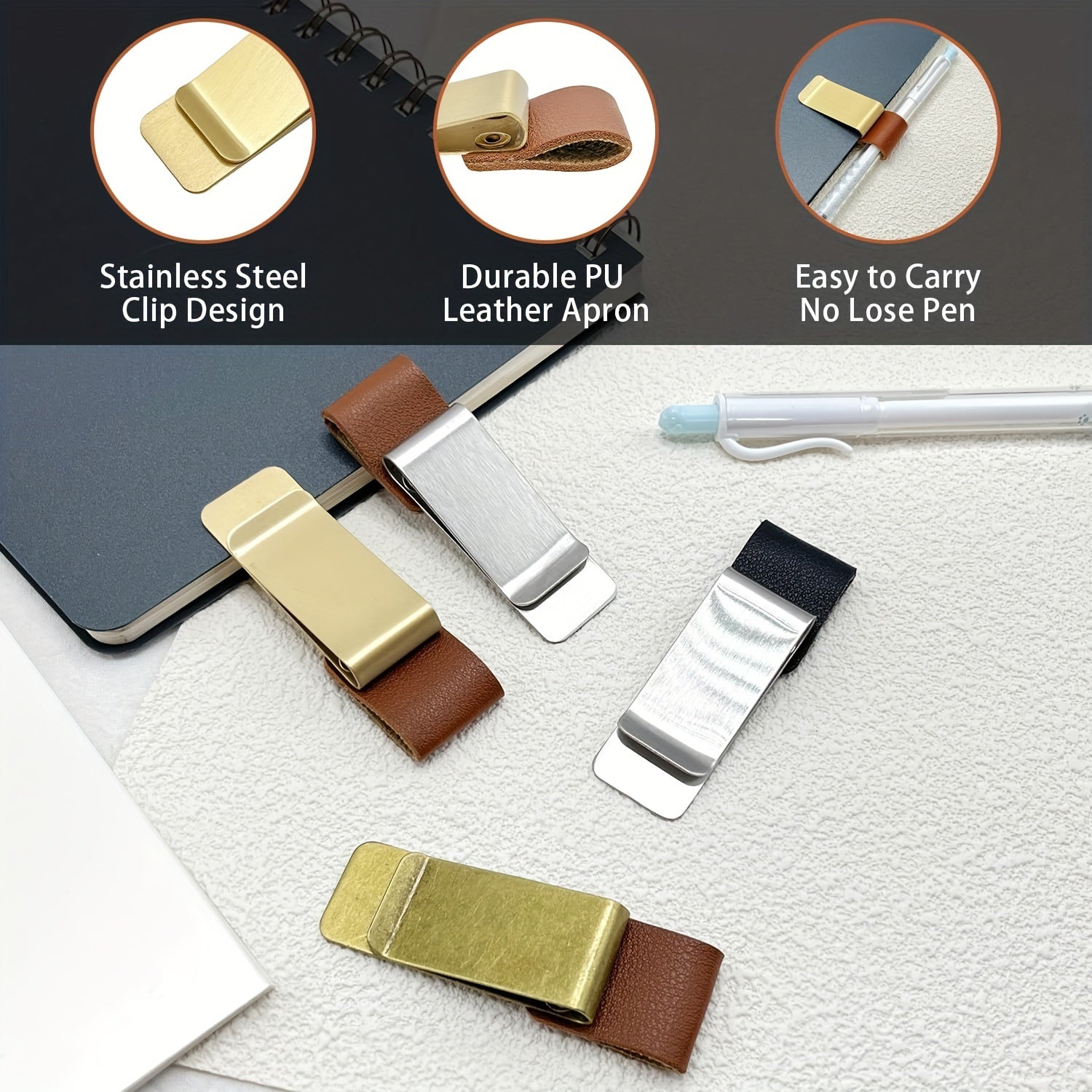 6pcs Notebook Pen Clip PU Leather Retro Holder Loop & Metal Clips Pencil Elastic