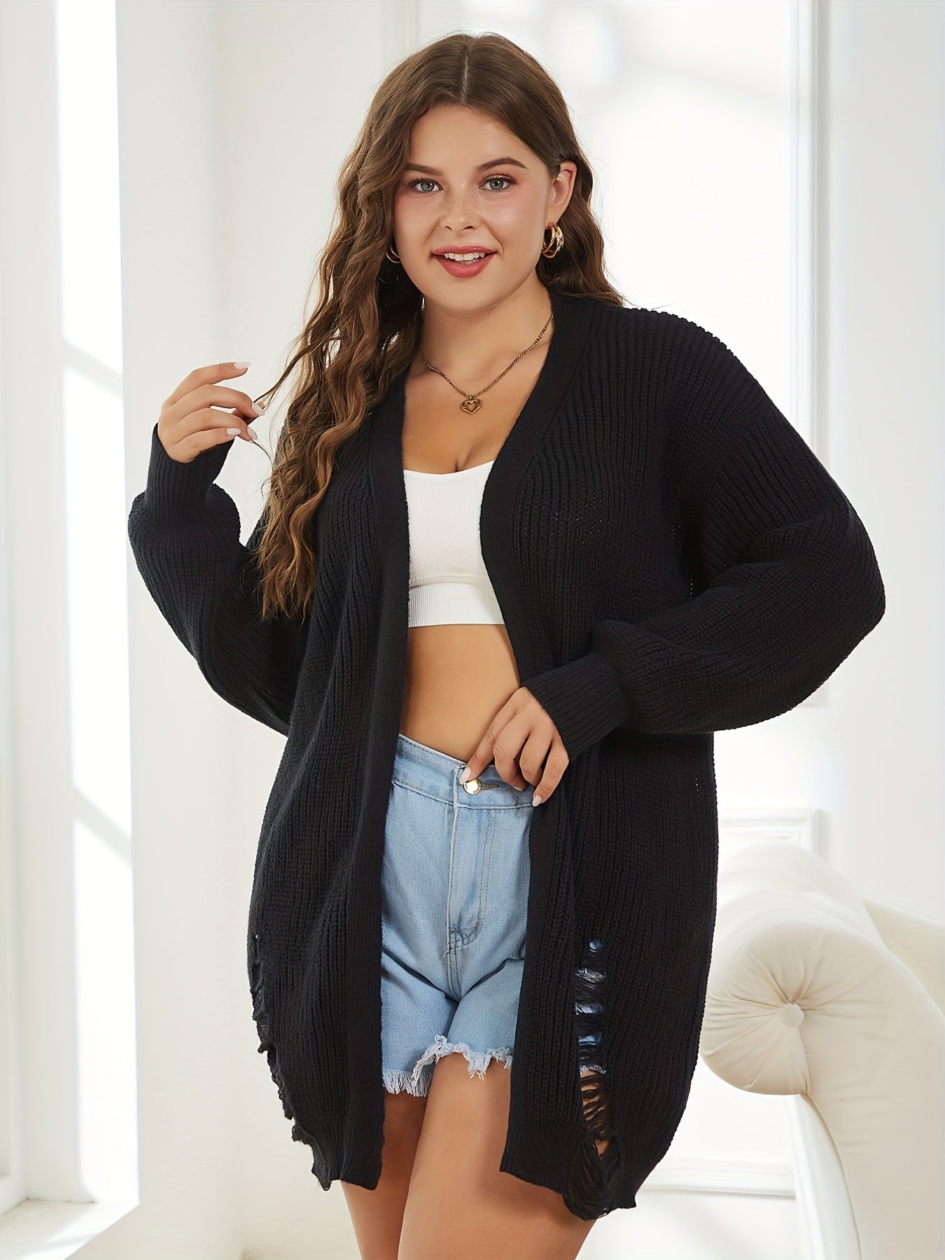 Casual Cardigan Lantern Sleeve Ripped Stretch Cardigan