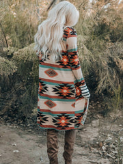 Women's Geometric Block Open Front Long Cardigan