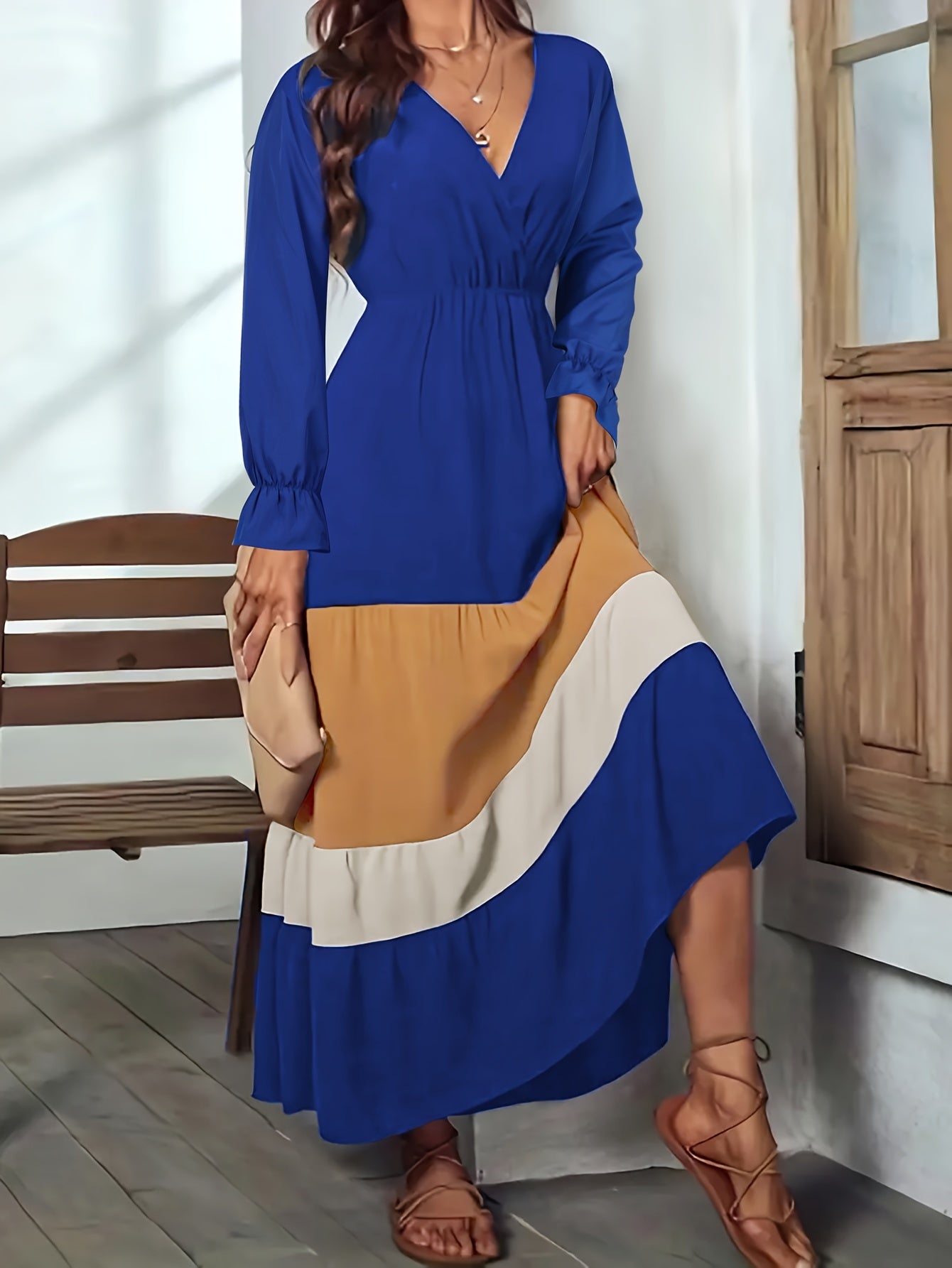 Women's Plus Colorblock Flounce Sleeve V Neck Maxi Dress