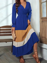 Women's Plus Colorblock Flounce Sleeve V Neck Maxi Dress