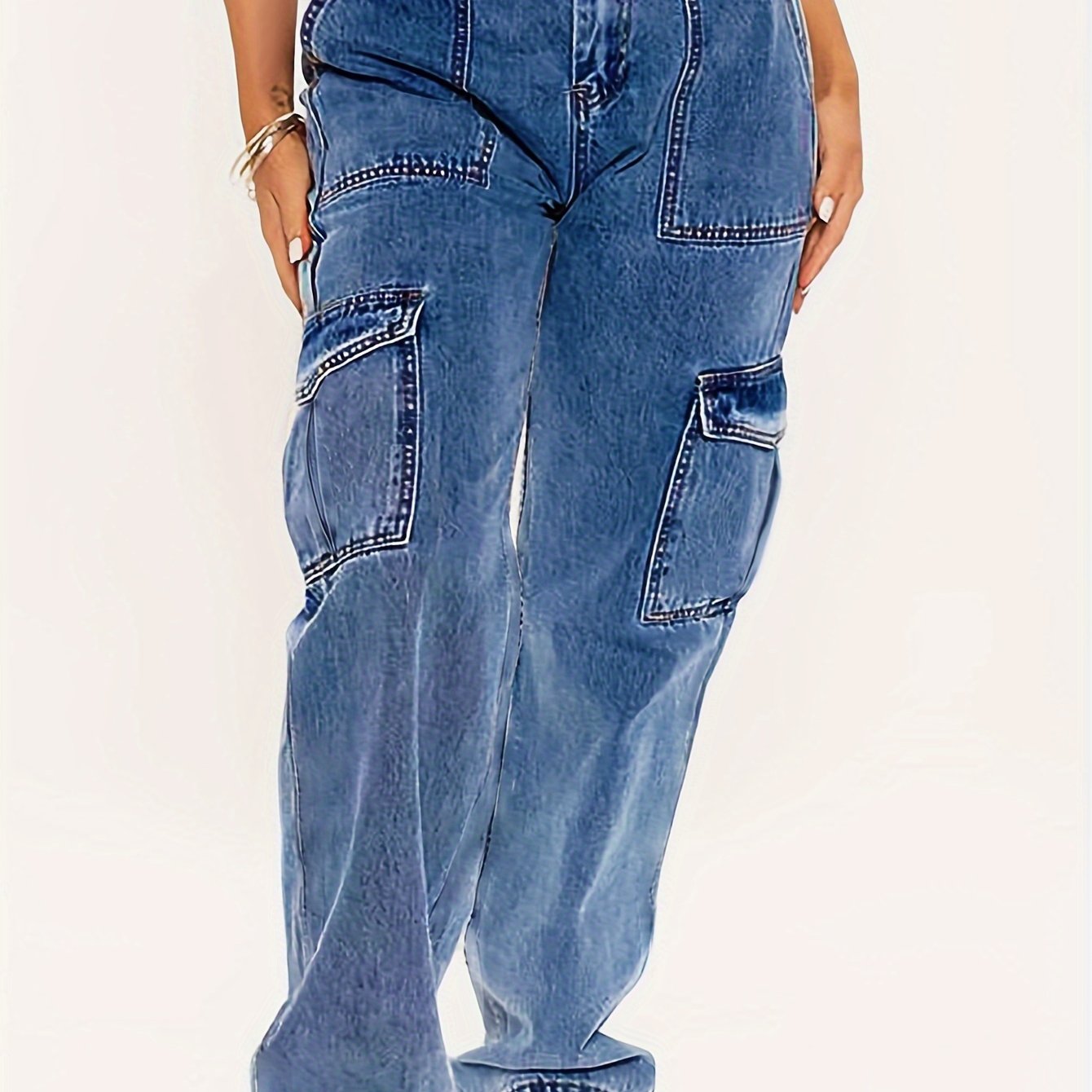 Casual Cargo Jeans Women's Plus Solid Pipping Button Fly High Rise