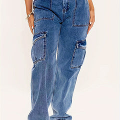 Casual Cargo Jeans Women's Plus Solid Pipping Button Fly High Rise
