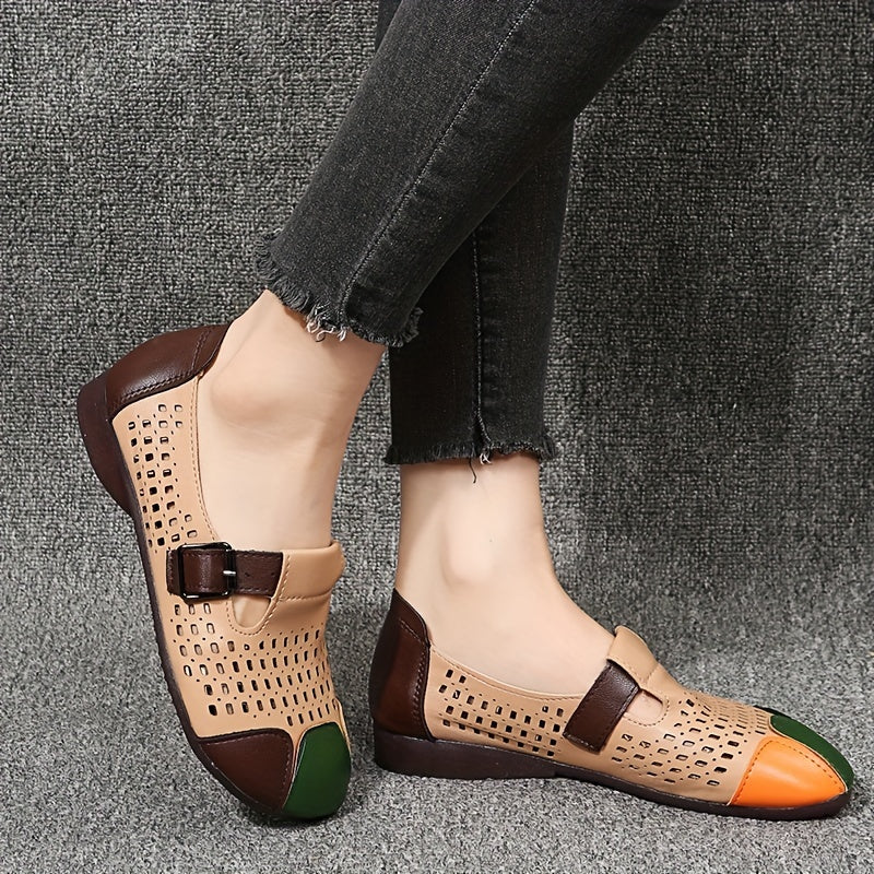 Women's Hollow Out Flat Shoes Colorblock Buckle Strap Round Toe Soft Sole Shoes