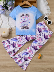2pcs Toddler Girls Dinosaur T Shirt & Flare Leg Pants Set