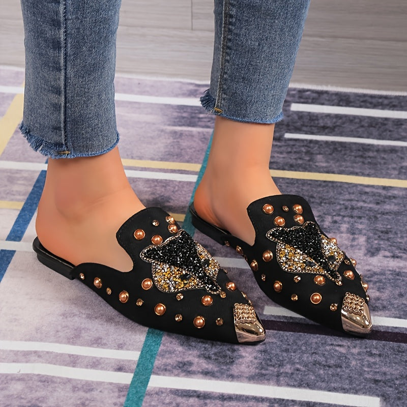 Rhinestone Decor Point Toe Flat Slide Sandals
