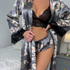3 Pcs Floral Pajamas Set Lace Trim Cami & Shorts